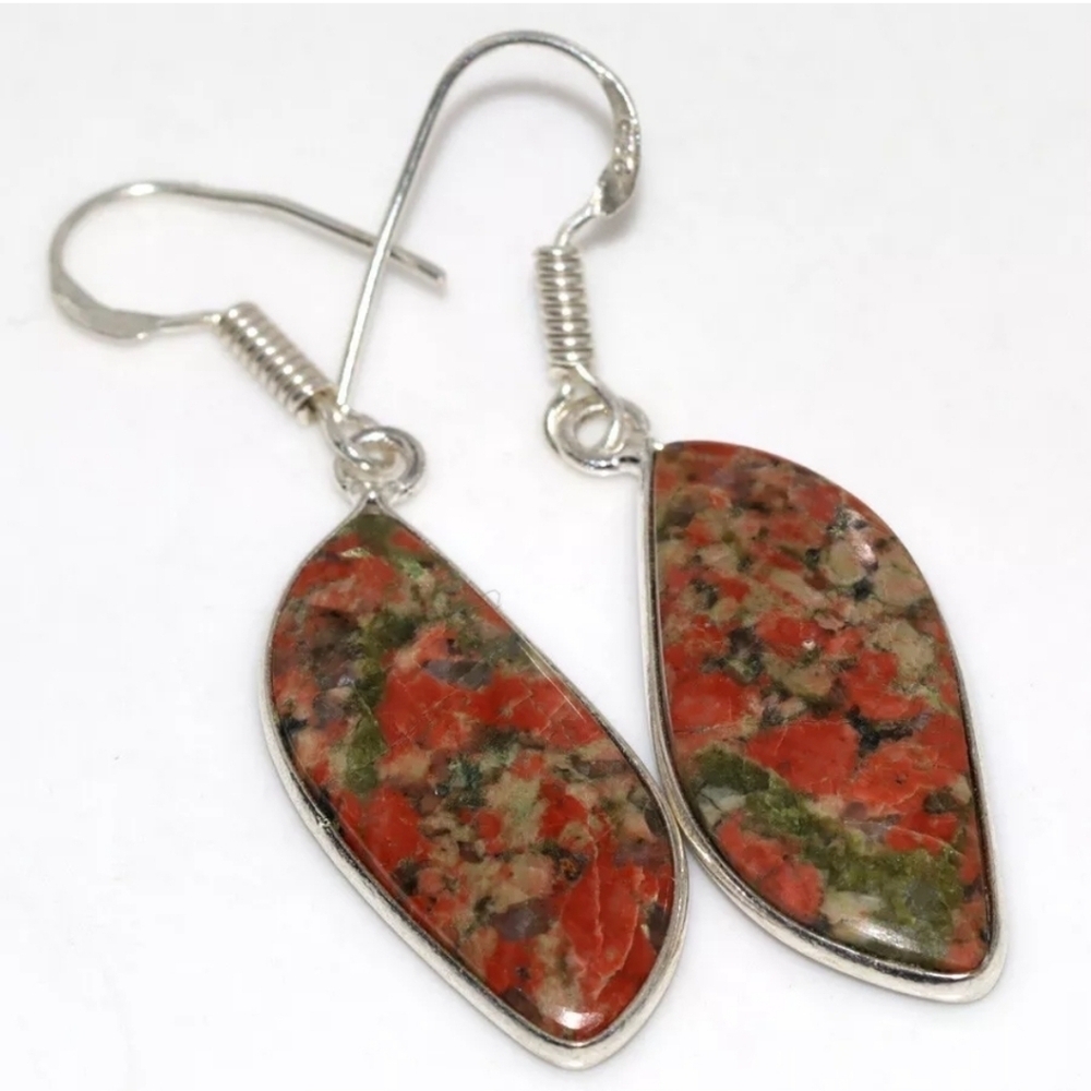 Unakite 925 Silver Plated Natural Gemstone Handmade Earrings 1.8"